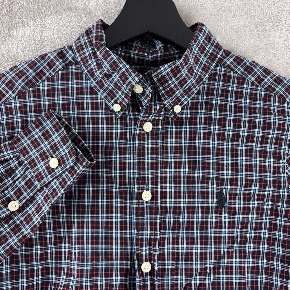 Ralph Lauren Plaid Button Down Shirt Boys Medium Blue Red Cotton Pony Preppy